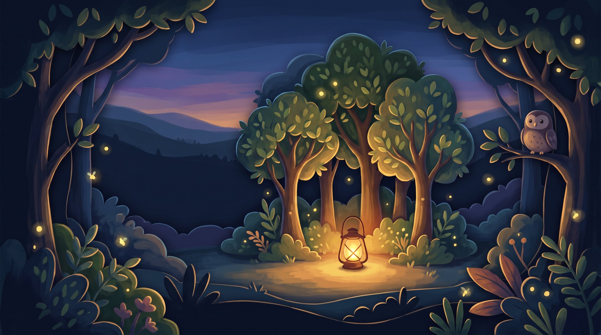 A glowing lantern in a night forest