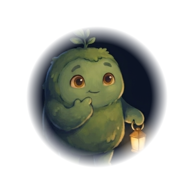 Sprig thinking beside a glowing lantern
